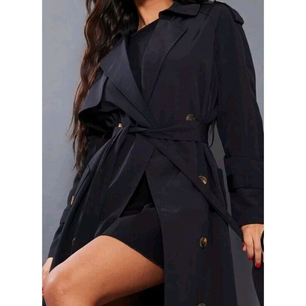 Pretty Little Thing Black 100% Polyester Belted Trench Coat US Sz 2 Petites